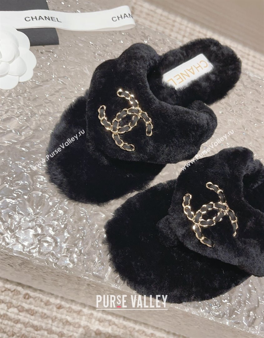 Chanel Shearling Wool Flat Thong Slide Sandals with Chain Black 203 CH091109 (MD-23091133)