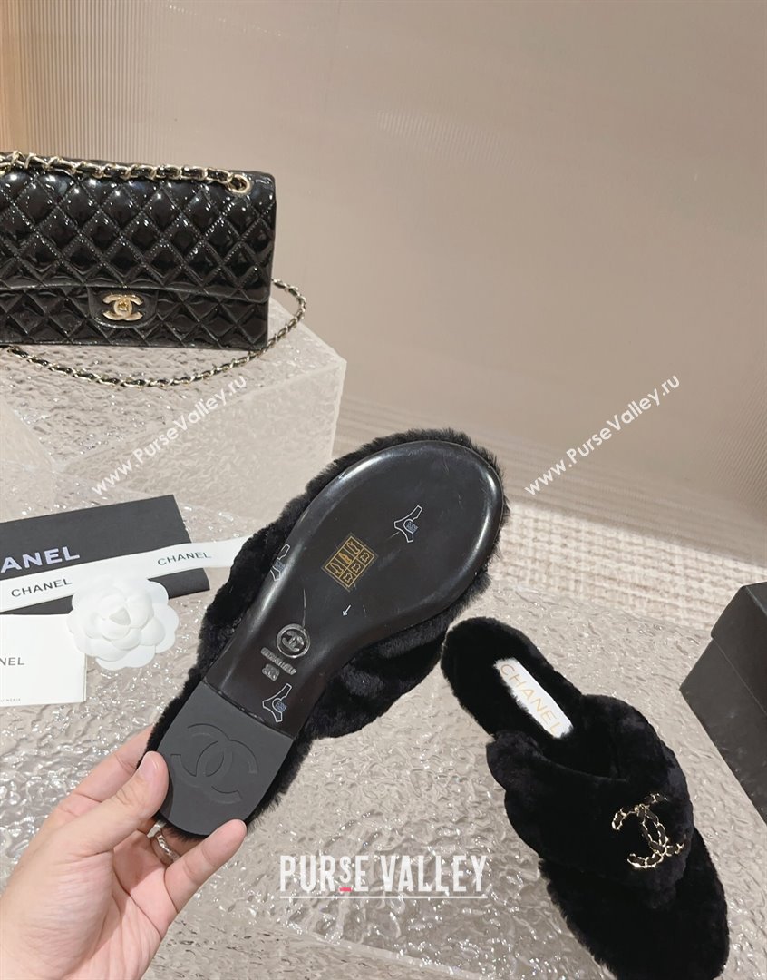 Chanel Shearling Wool Flat Thong Slide Sandals with Chain Black 203 CH091109 (MD-23091133)