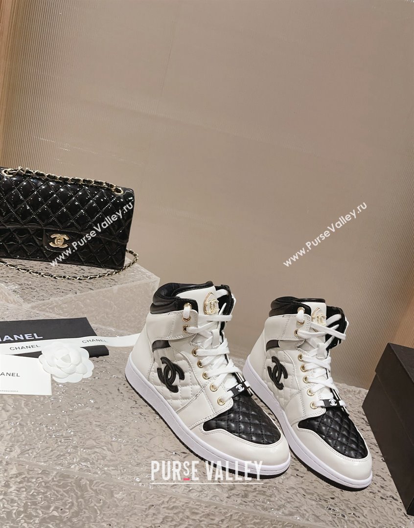 Chanel Quilted Calfskin High-top Sneakers with Pearls CC White1/Black 2023 CH091110 (MD-23091137)