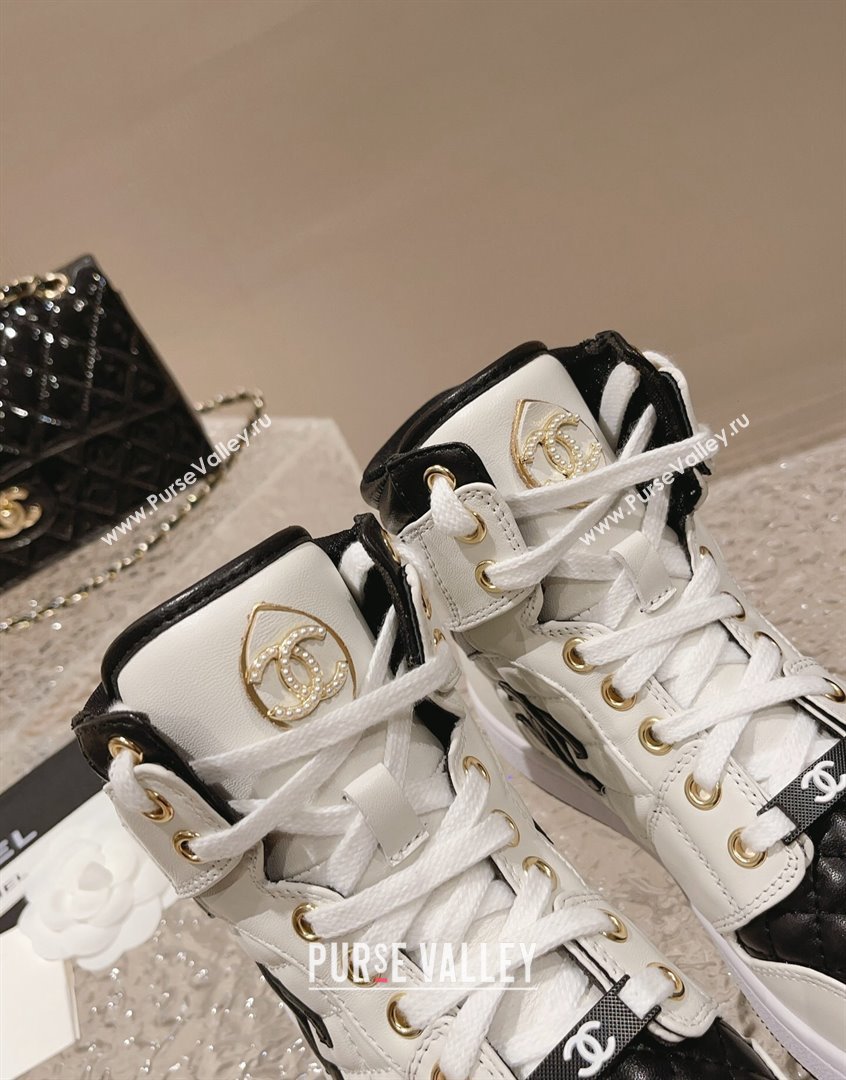 Chanel Quilted Calfskin High-top Sneakers with Pearls CC White1/Black 2023 CH091110 (MD-23091137)