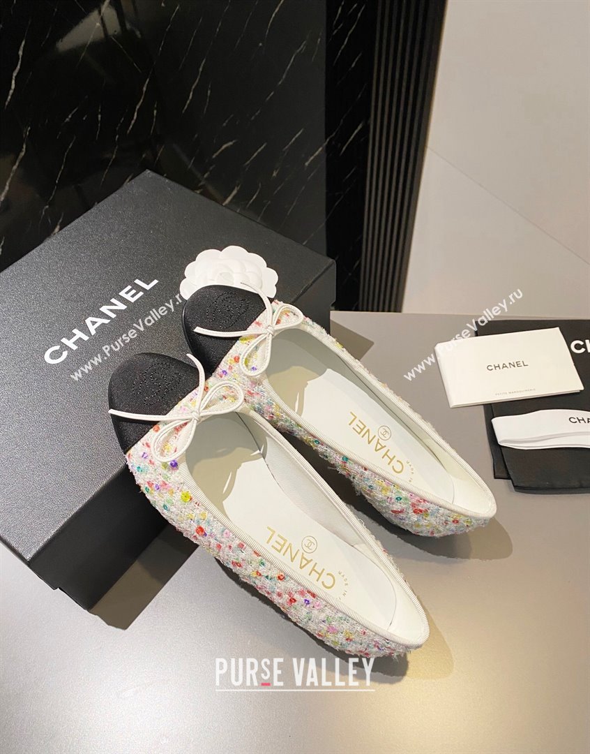 Chanel Tweed Ballet Flat with Bow White/Multicolor 1 2023 CH091113 (KL-23091146)