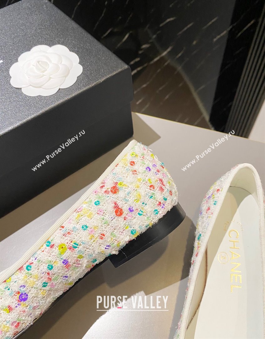 Chanel Tweed Ballet Flat with Bow White/Multicolor 1 2023 CH091113 (KL-23091146)