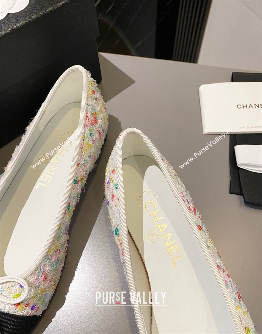 Chanel Tweed Ballet Flat with Bow White/Multicolor 1 2023 CH091113 (KL-23091146)