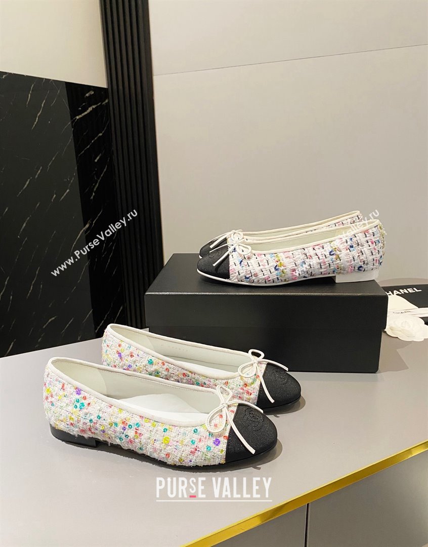 Chanel Tweed Ballet Flat with Bow White/Multicolor 1 2023 CH091113 (KL-23091146)