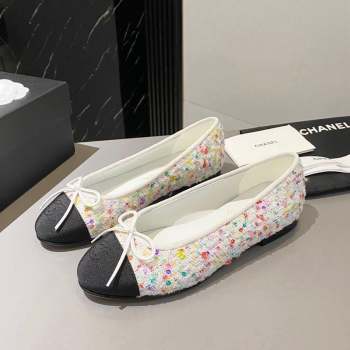 Chanel Tweed Ballet Flat with Bow White/Multicolor 1 2023 CH091113 (KL-23091146)