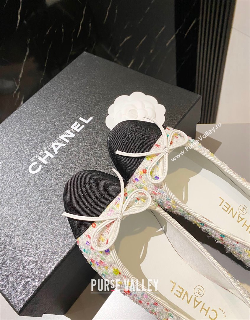 Chanel Tweed Ballet Flat with Bow White/Multicolor 1 2023 CH091113 (KL-23091146)