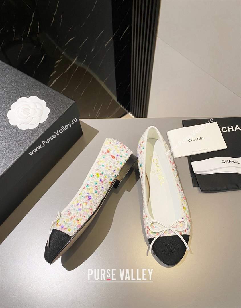 Chanel Tweed Ballet Flat with Bow White/Multicolor 1 2023 CH091113 (KL-23091146)