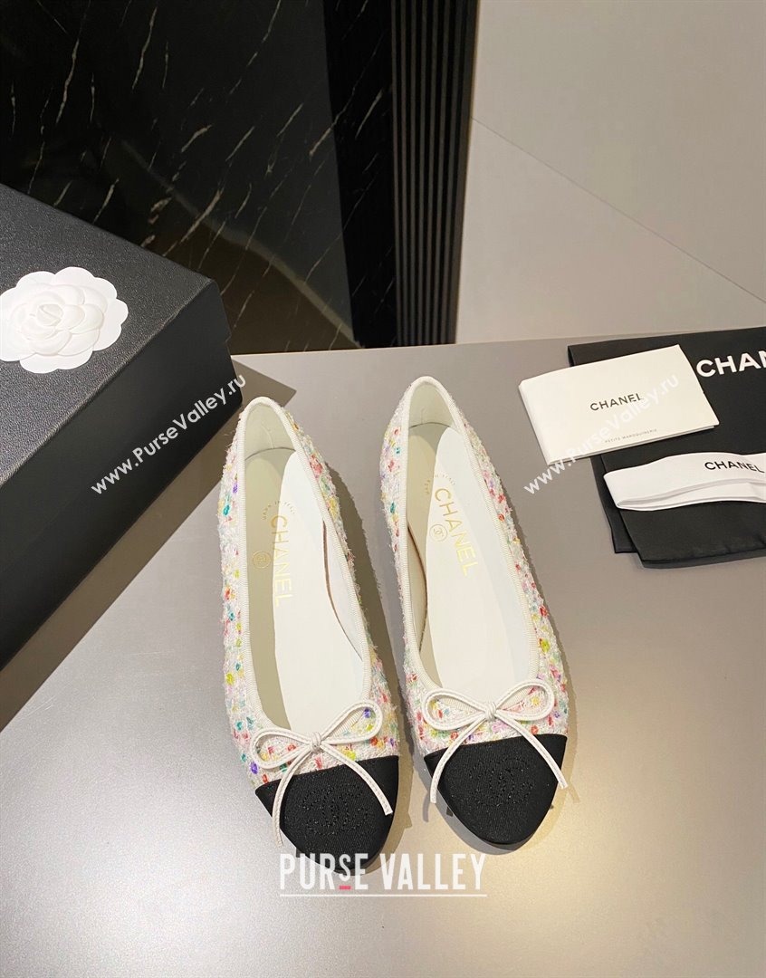 Chanel Tweed Ballet Flat with Bow White/Multicolor 1 2023 CH091113 (KL-23091146)