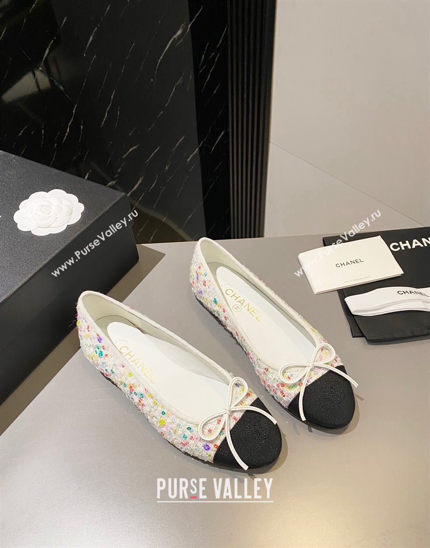 Chanel Tweed Ballet Flat with Bow White/Multicolor 1 2023 CH091113 (KL-23091146)