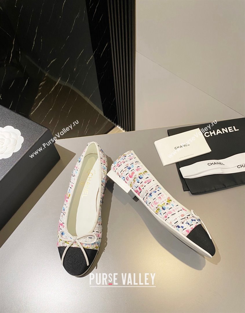 Chanel Tweed Ballet Flat with Bow White/Multicolor 2 2023 CH091113 (KL-23091147)