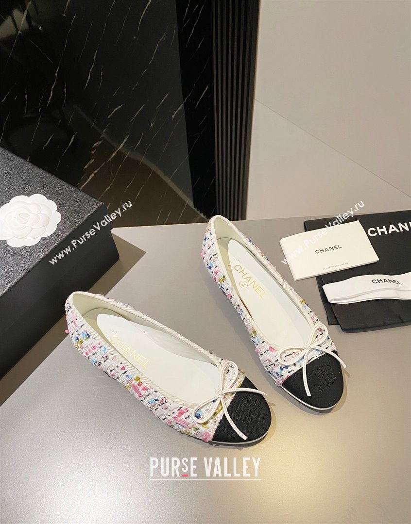 Chanel Tweed Ballet Flat with Bow White/Multicolor 2 2023 CH091113 (KL-23091147)