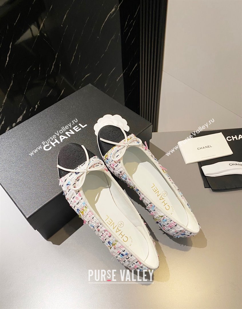 Chanel Tweed Ballet Flat with Bow White/Multicolor 2 2023 CH091113 (KL-23091147)