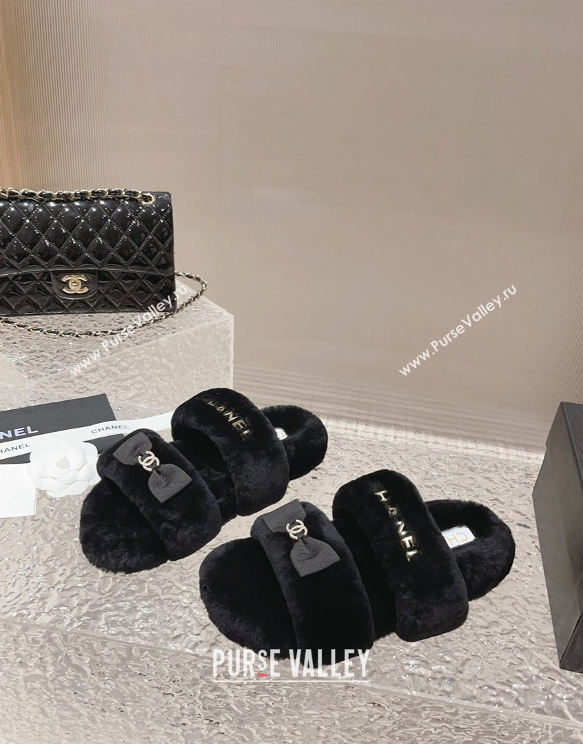 Chanel Shearling Wool Flat Slide Sandals with Bow Black 203 CH091108 (MD-23091130)