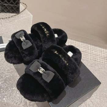 Chanel Shearling Wool Flat Slide Sandals with Bow Black 203 CH091108 (MD-23091130)