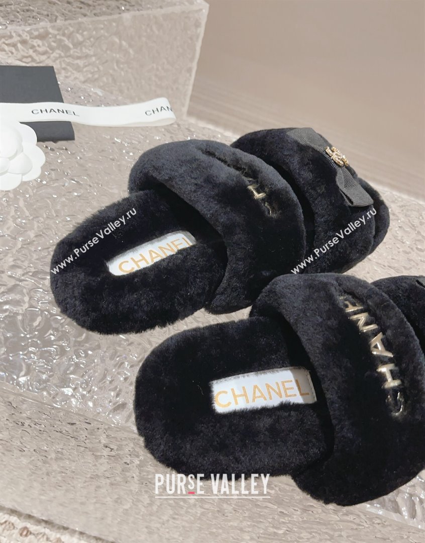 Chanel Shearling Wool Flat Slide Sandals with Bow Black 203 CH091108 (MD-23091130)