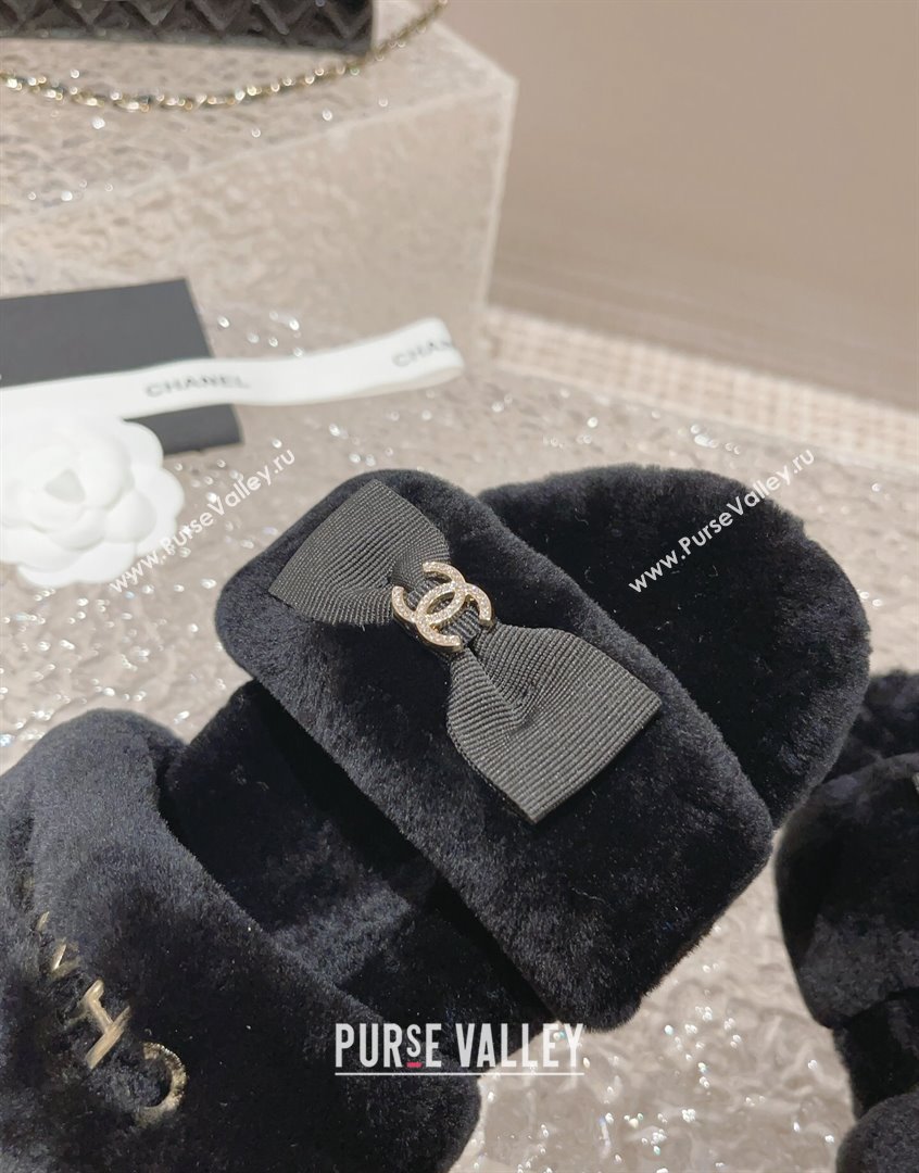 Chanel Shearling Wool Flat Slide Sandals with Bow Black 203 CH091108 (MD-23091130)