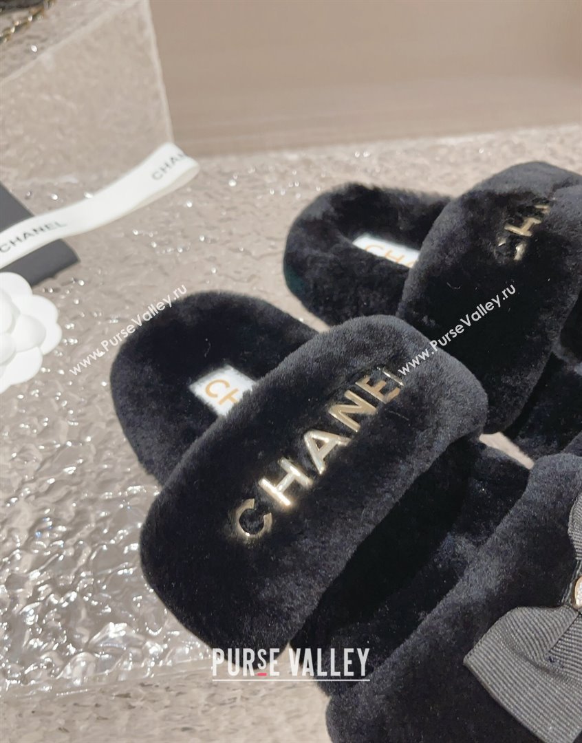 Chanel Shearling Wool Flat Slide Sandals with Bow Black 203 CH091108 (MD-23091130)