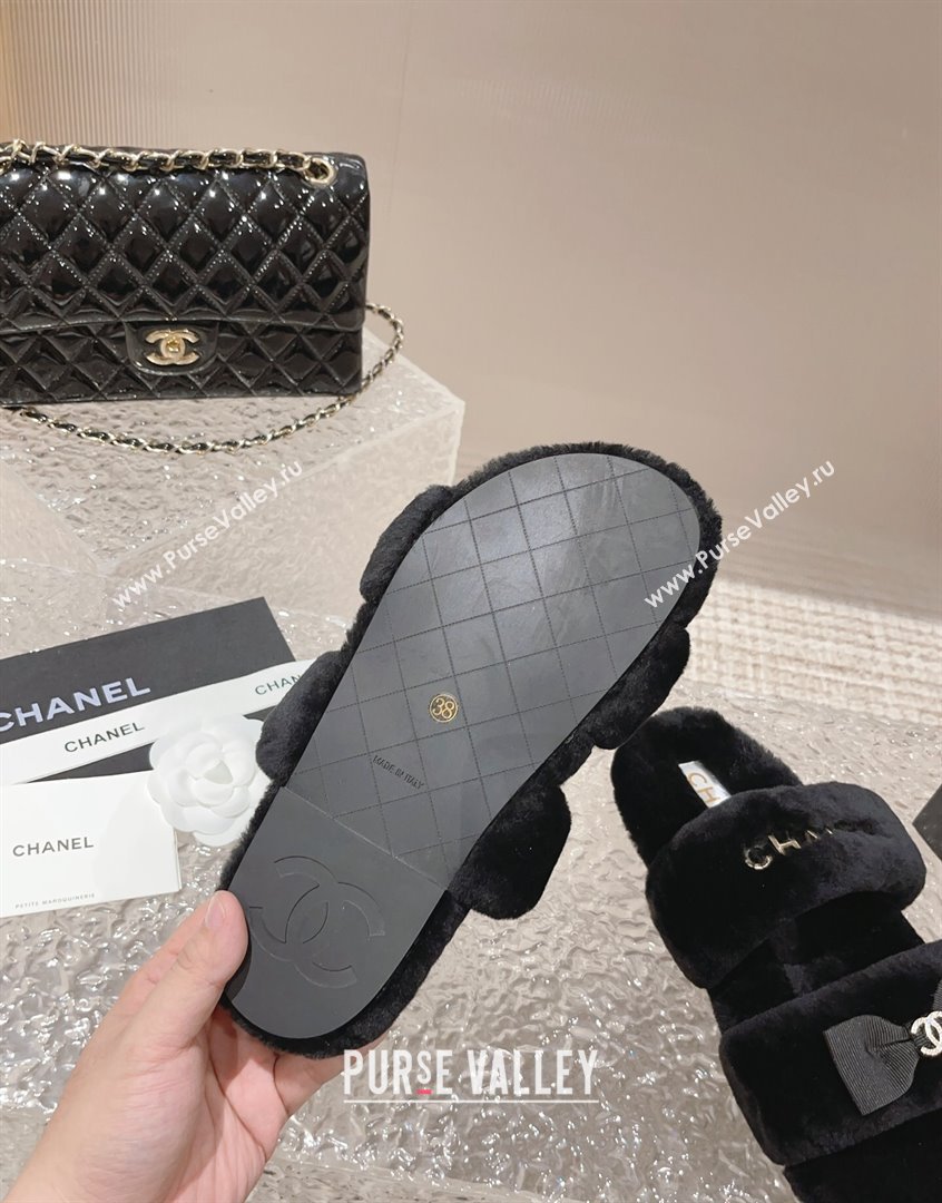 Chanel Shearling Wool Flat Slide Sandals with Bow Black 203 CH091108 (MD-23091130)