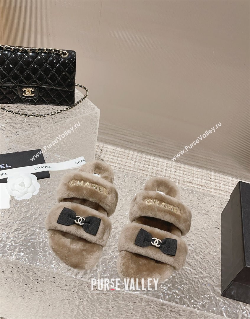 Chanel Shearling Wool Flat Slide Sandals with Bow Beige 203 CH091108 (MD-23091131)