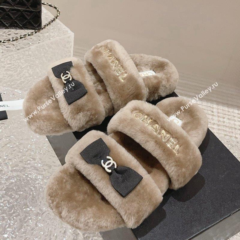 Chanel Shearling Wool Flat Slide Sandals with Bow Beige 203 CH091108 (MD-23091131)