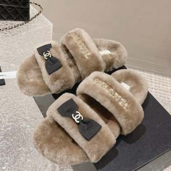 Chanel Shearling Wool Flat Slide Sandals with Bow Beige 203 CH091108 (MD-23091131)