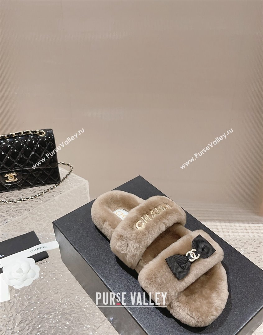 Chanel Shearling Wool Flat Slide Sandals with Bow Beige 203 CH091108 (MD-23091131)