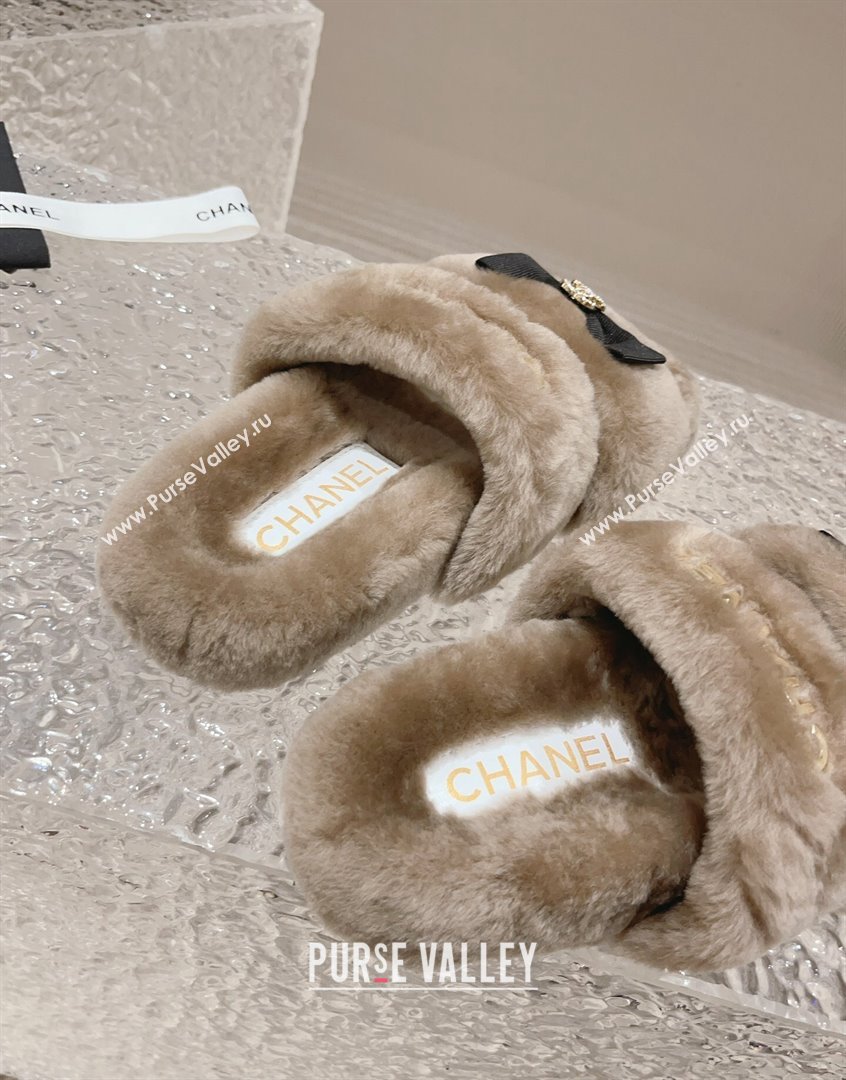 Chanel Shearling Wool Flat Slide Sandals with Bow Beige 203 CH091108 (MD-23091131)