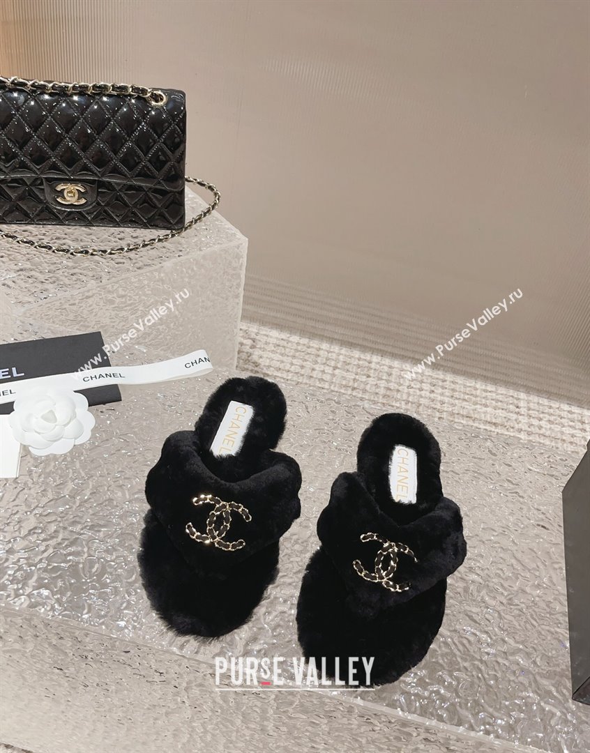 Chanel Shearling Wool Flat Thong Slide Sandals with Chain Black 203 CH091109 (MD-23091133)