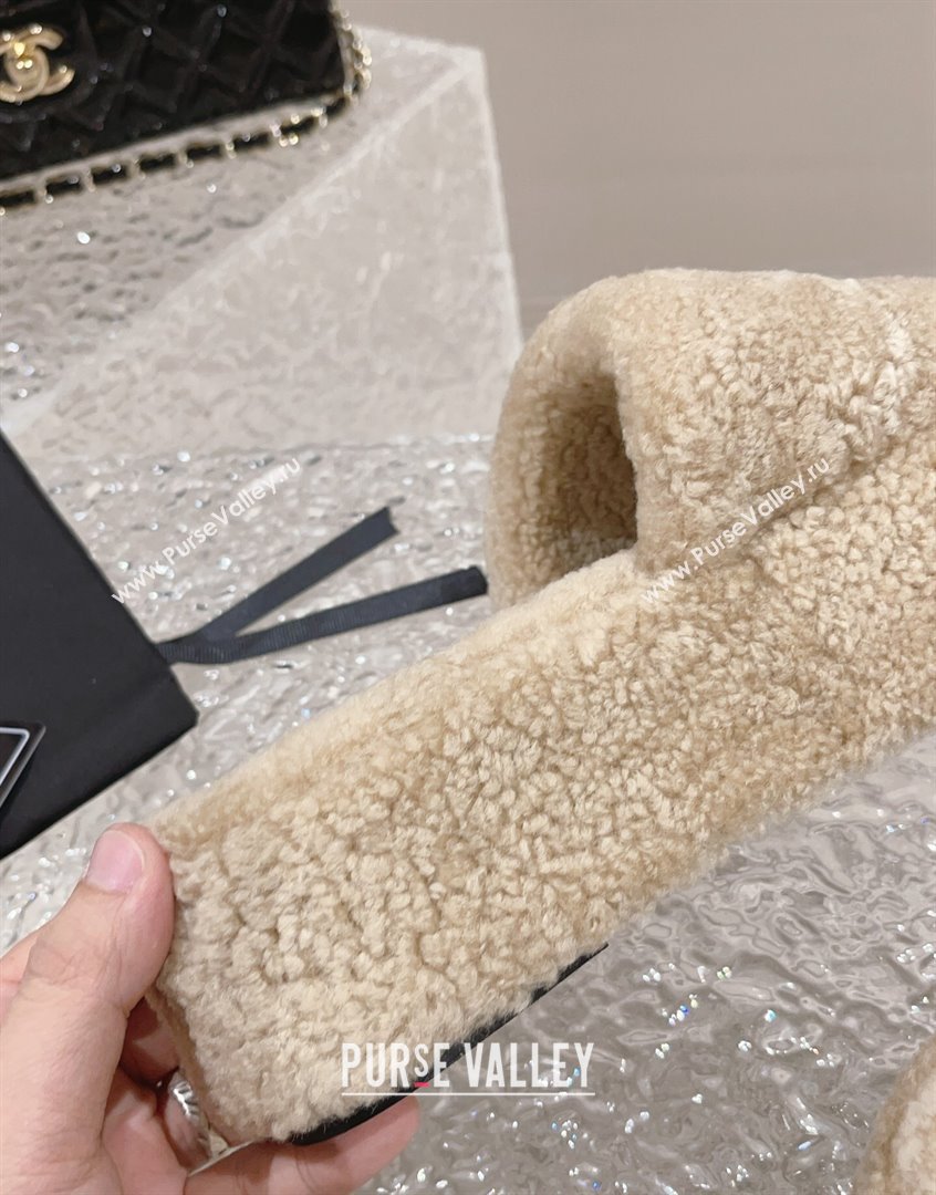 Chanel Shearling Wool Platform Slide Sandals with Crystal CC Beige 2023 CH091105 (MD-23091117)