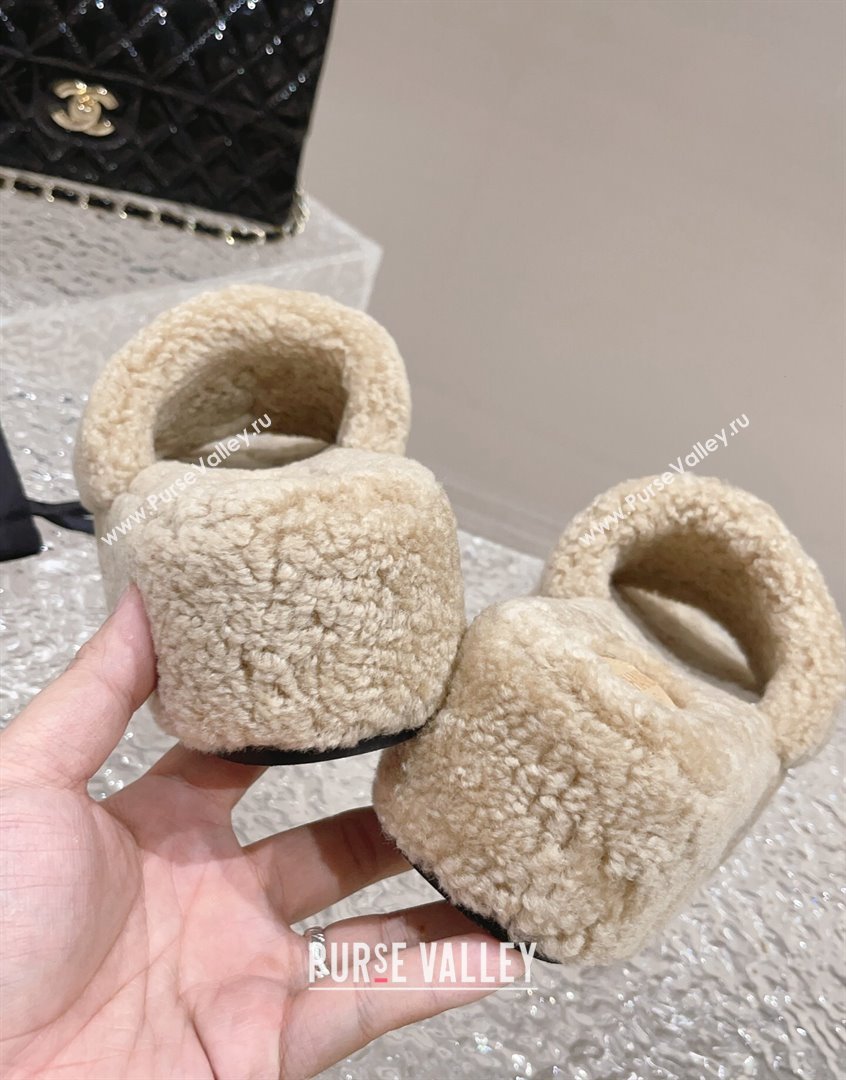 Chanel Shearling Wool Platform Slide Sandals with Crystal CC Beige 2023 CH091105 (MD-23091117)