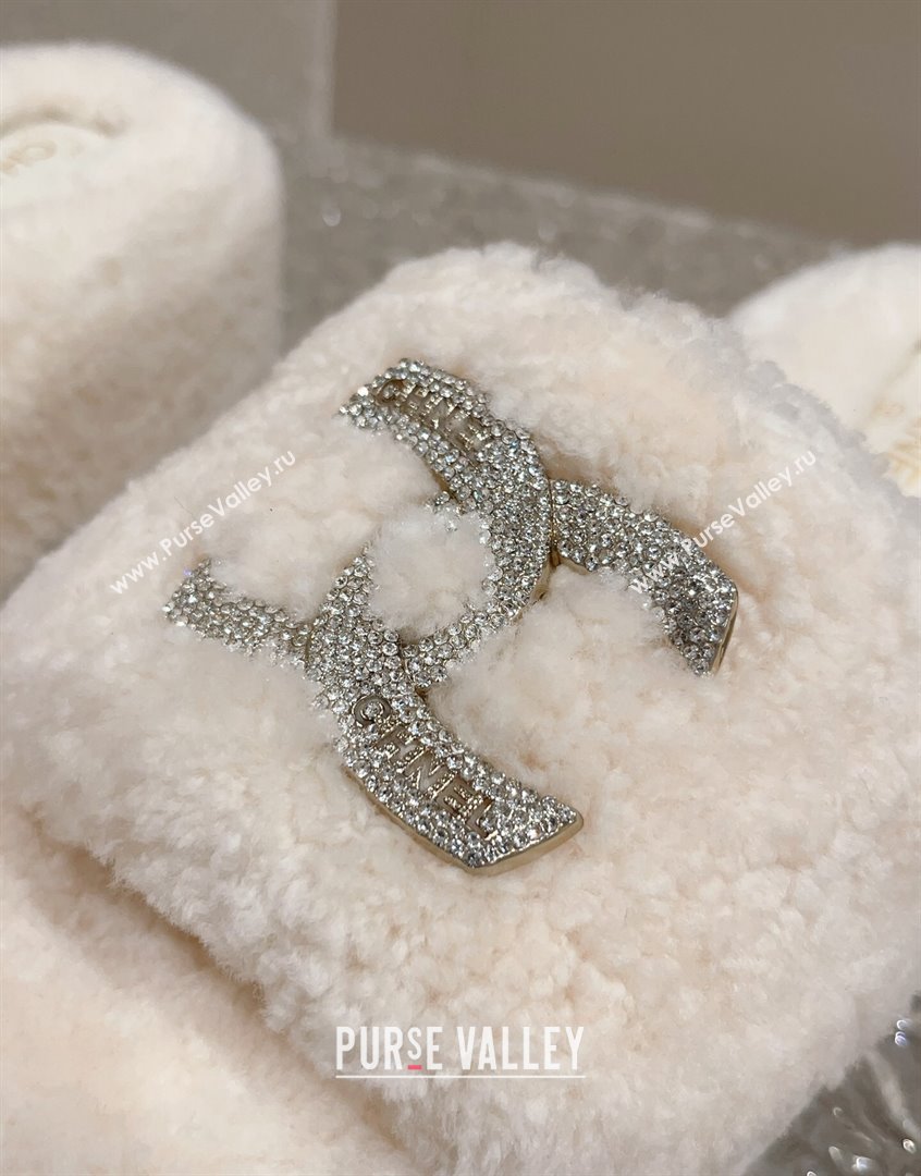 Chanel Shearling Wool Platform Slide Sandals with Crystal CC White 2023 CH091105 (MD-23091118)