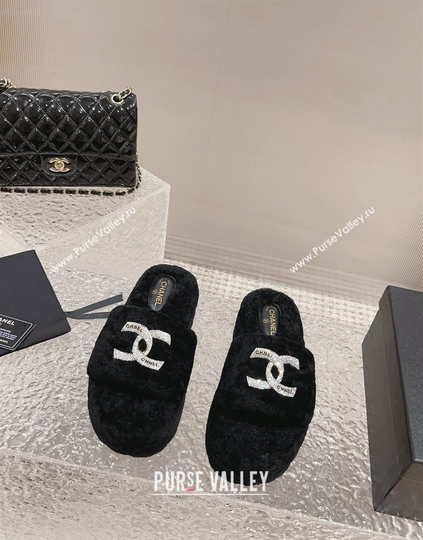 Chanel Shearling Wool Platform Slide Sandals with Crystal CC Black 2023 CH091105 (MD-23091119)