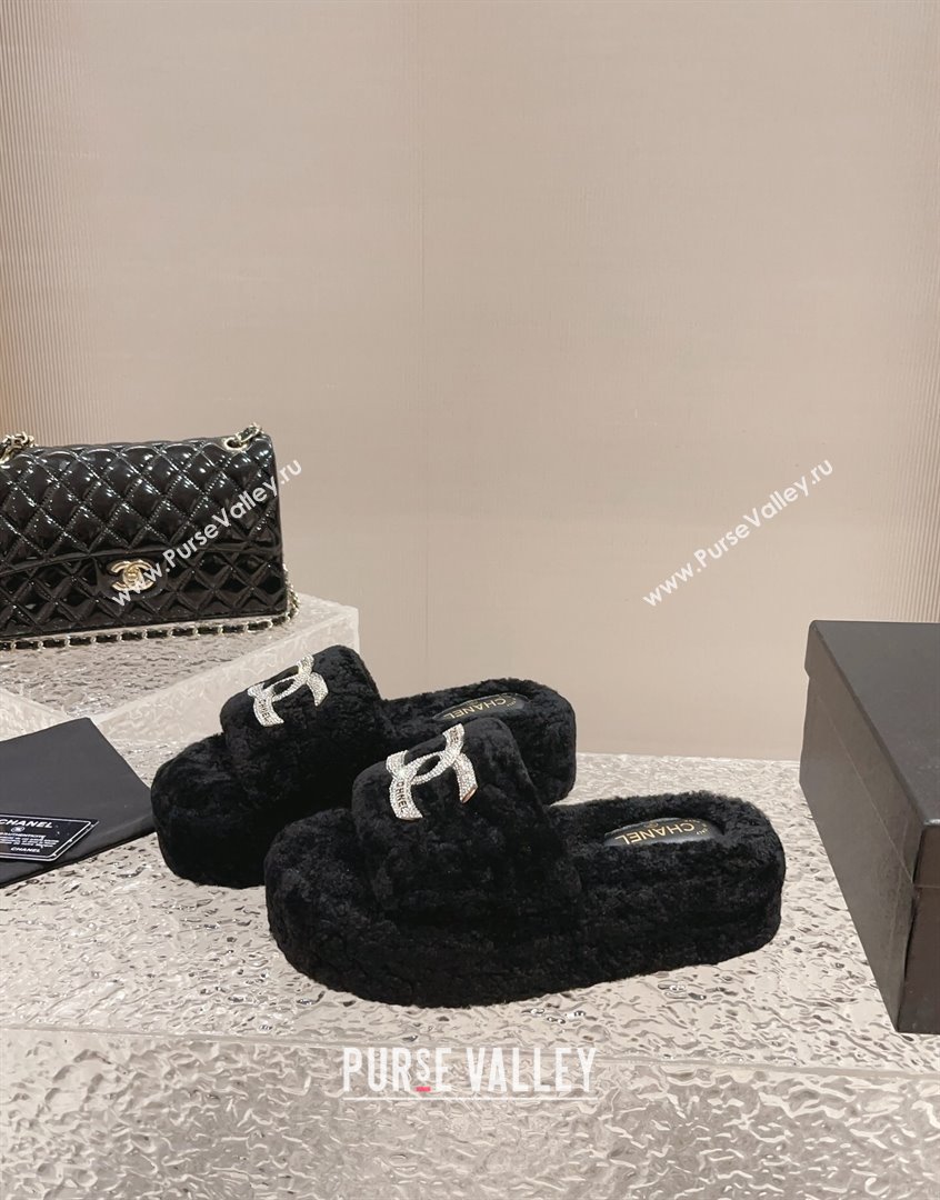 Chanel Shearling Wool Platform Slide Sandals with Crystal CC Black 2023 CH091105 (MD-23091119)