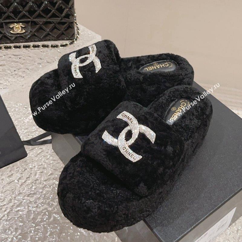 Chanel Shearling Wool Platform Slide Sandals with Crystal CC Black 2023 CH091105 (MD-23091119)