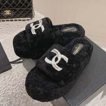 Chanel Shearling Wool Platform Slide Sandals with Crystal CC Black 2023 CH091105 (MD-23091119)