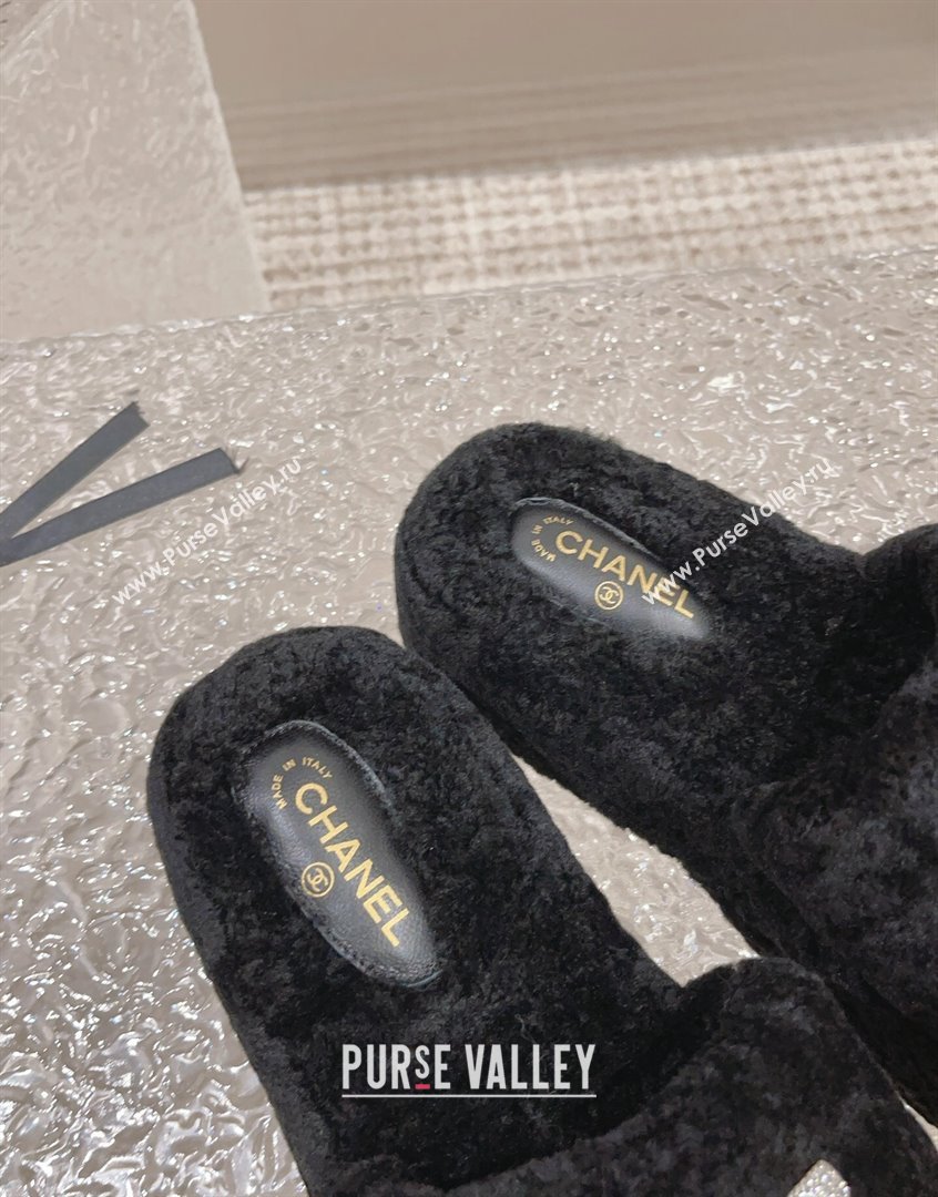 Chanel Shearling Wool Platform Slide Sandals with Crystal CC Black 2023 CH091105 (MD-23091119)