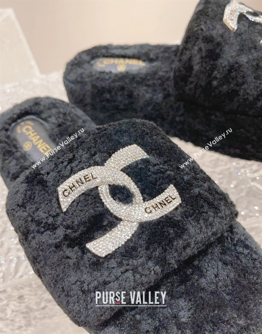 Chanel Shearling Wool Platform Slide Sandals with Crystal CC Black 2023 CH091105 (MD-23091119)