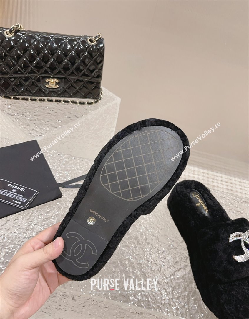 Chanel Shearling Wool Platform Slide Sandals with Crystal CC Black 2023 CH091105 (MD-23091119)