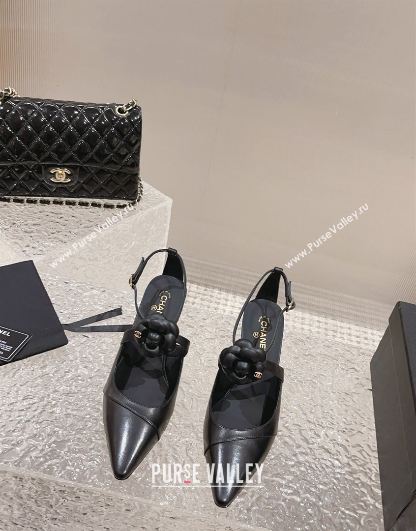 Chanel Lambskin Pumps 7.5cm with Camellia Bloom Black 2023 CH091106 (MD-23091120)