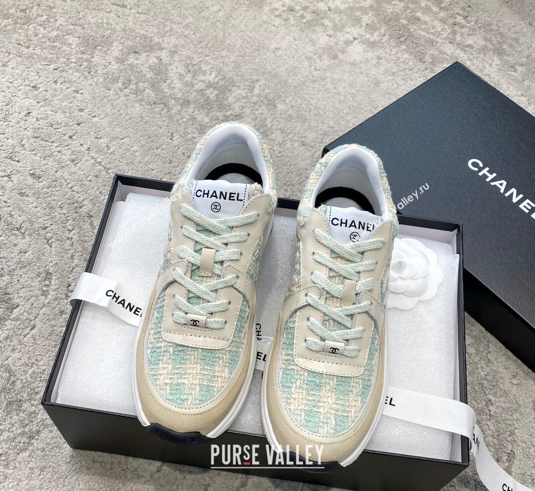 Chanel Tweed Leather Sneakers G38299 Green/White 2023 (SS-231011080)