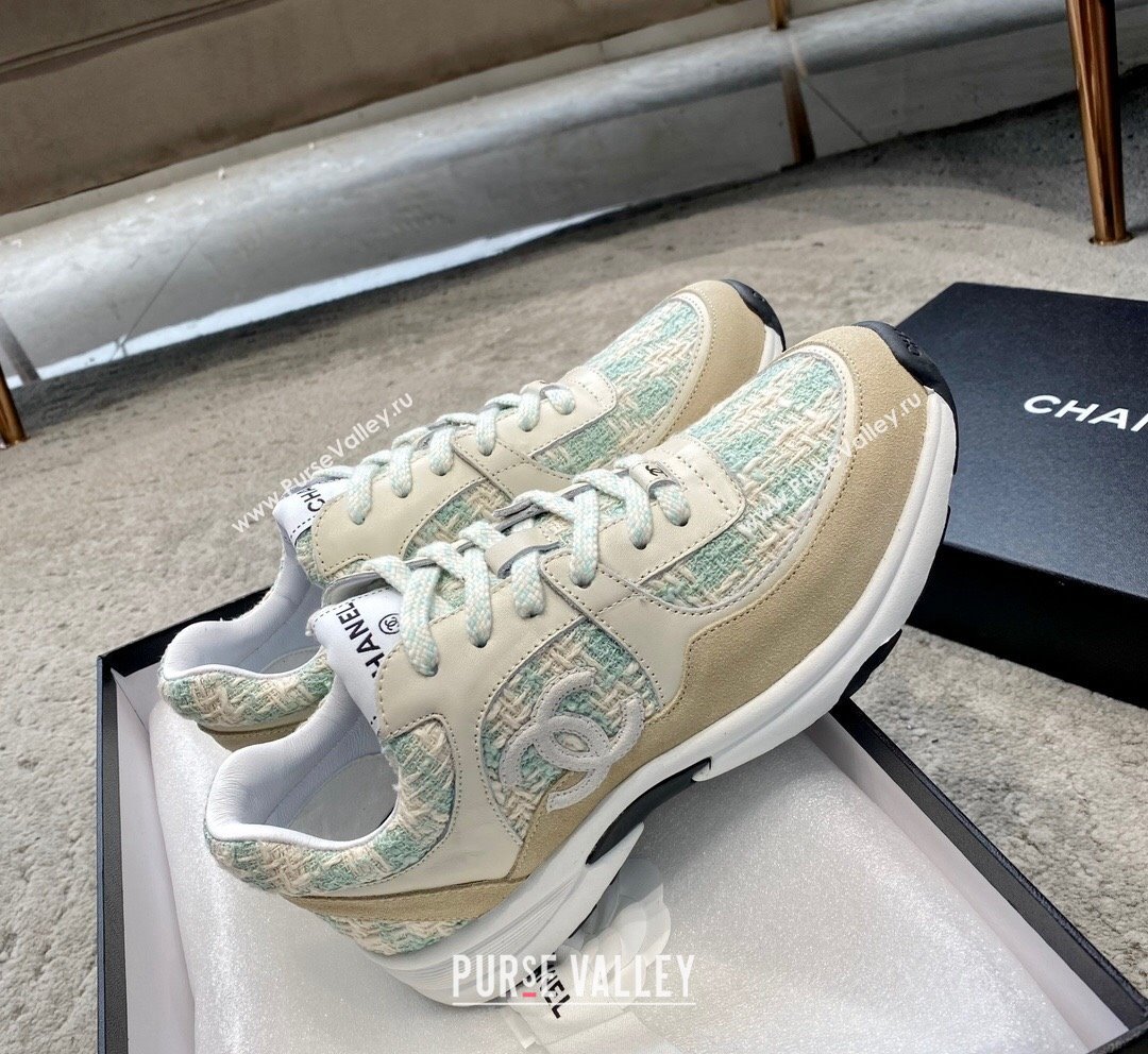 Chanel Tweed Leather Sneakers G38299 Green/White 2023 (SS-231011080)