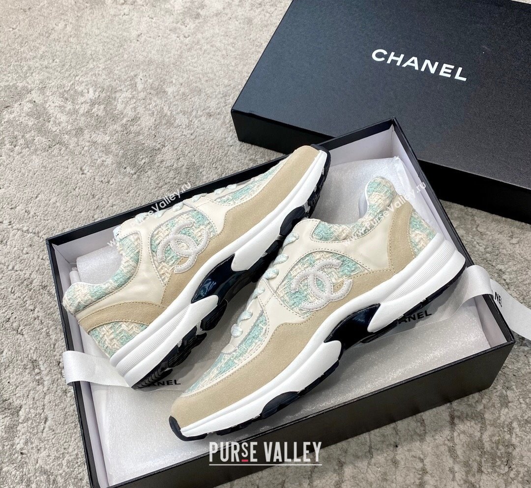 Chanel Tweed Leather Sneakers G38299 Green/White 2023 (SS-231011080)