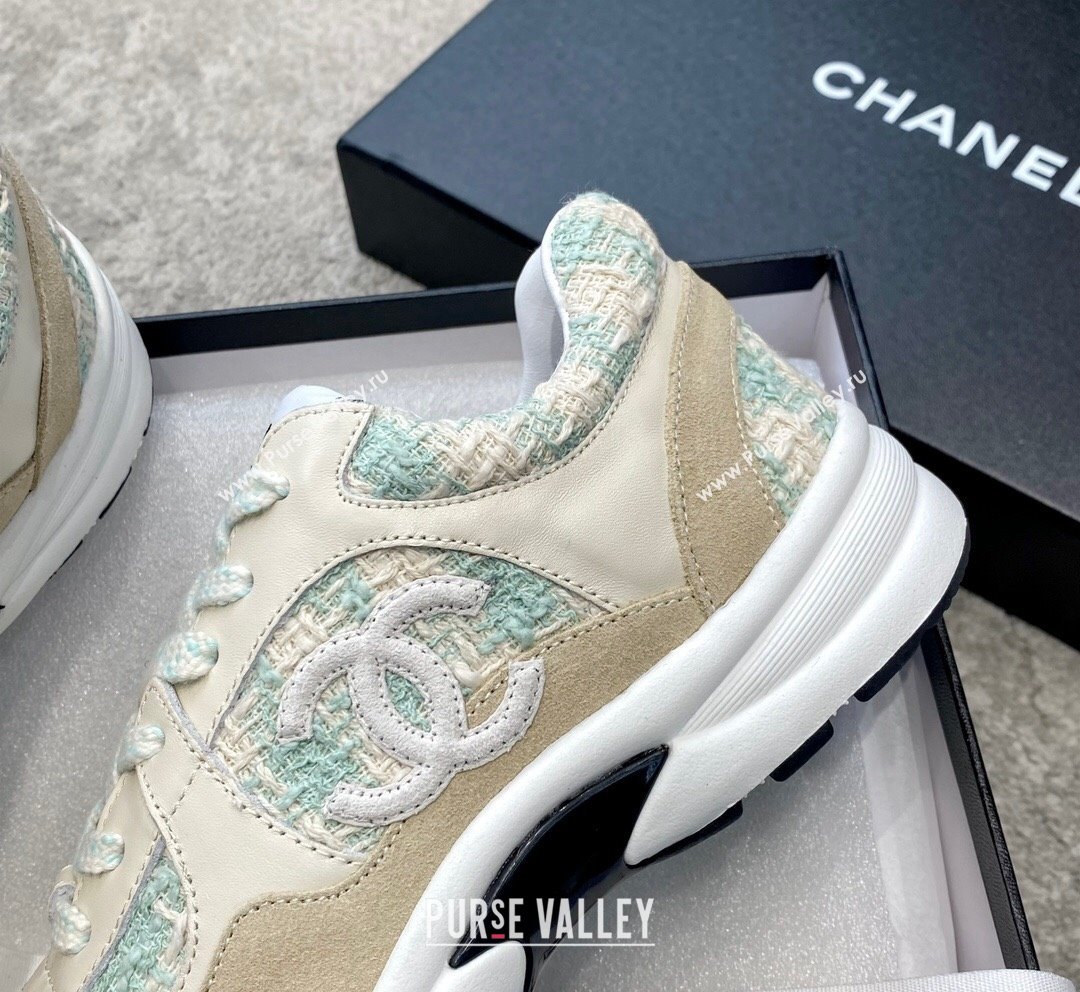 Chanel Tweed Leather Sneakers G38299 Green/White 2023 (SS-231011080)