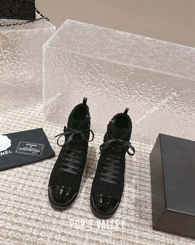Chanel Teddycloth Lace-up Ankle Boots Black 2023 G45005 (MD-231025086)