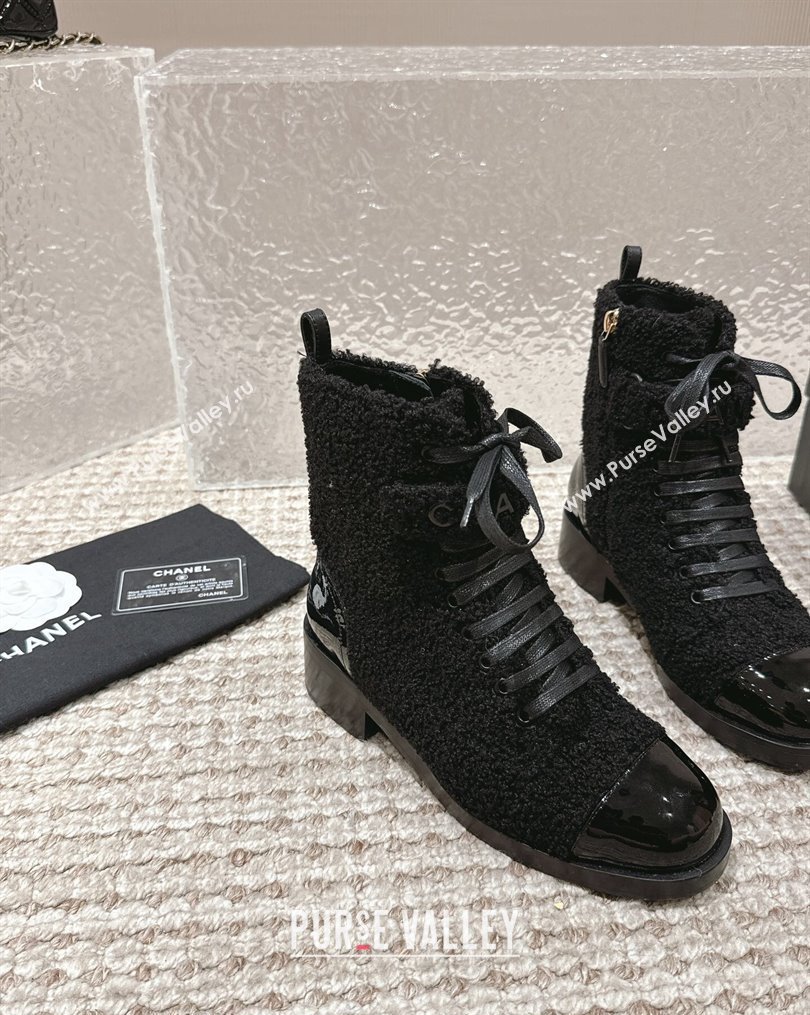 Chanel Teddycloth Lace-up Ankle Boots Black 2023 G45005 (MD-231025086)