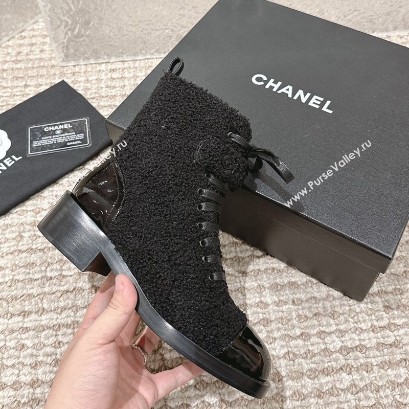 Chanel Teddycloth Lace-up Ankle Boots Black 2023 G45005 (MD-231025086)