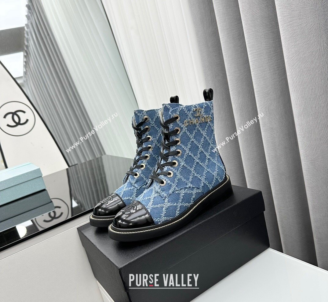 Chanel Quilted Denim Lace-up Ankle Boots Blue 2023 CH10250 (KL-231025107)