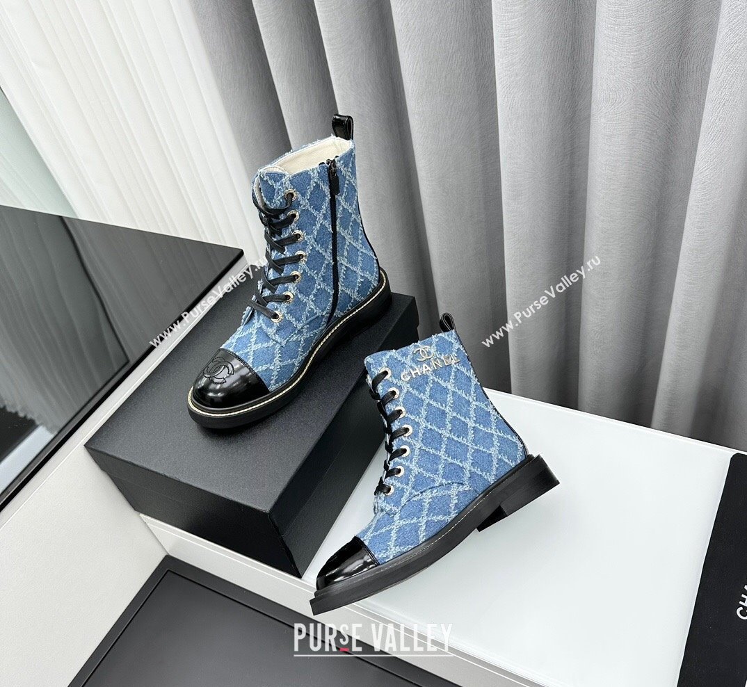 Chanel Quilted Denim Lace-up Ankle Boots Blue 2023 CH10250 (KL-231025107)