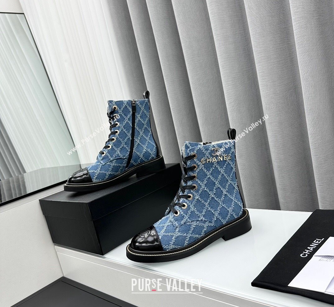 Chanel Quilted Denim Lace-up Ankle Boots Blue 2023 CH10250 (KL-231025107)