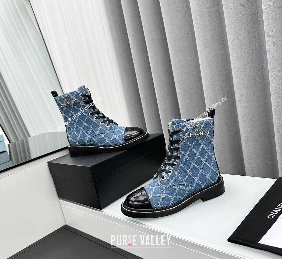 Chanel Quilted Denim Lace-up Ankle Boots Blue 2023 CH10250 (KL-231025107)